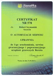 Gazownik Robert Szymaniak– certyfikat Beretta autoryzacji serwisu