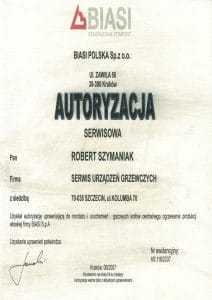 Gazownik Robert Szymaniak– certyfikat Biasi autoryzacji serwisu