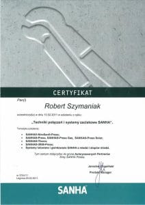Gazownik Robert Szymaniak– certyfikat SANHA połączeń i systemów
