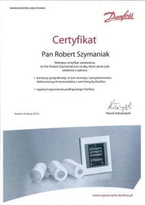 Gazownik Robert Szymaniak– certyfikat Danfoss autoryzacji