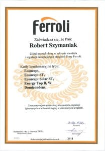 Gazownik Robert Szymaniak– certyfikat Ferroli autoryzacji serwisu