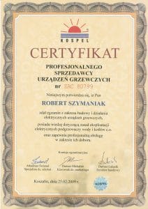 Gazownik Robert Szymaniak – certyfikat Kospel autoryzacji serwisu