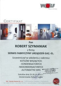 Gazownik Robert Szymaniak – certyfikat WOLF autoryzacji serwisu