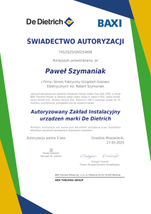 Gazownik Paweł Szymaniak – certyfikat De Dietrich (Autoryzowany Zakład Instalacyjny)
