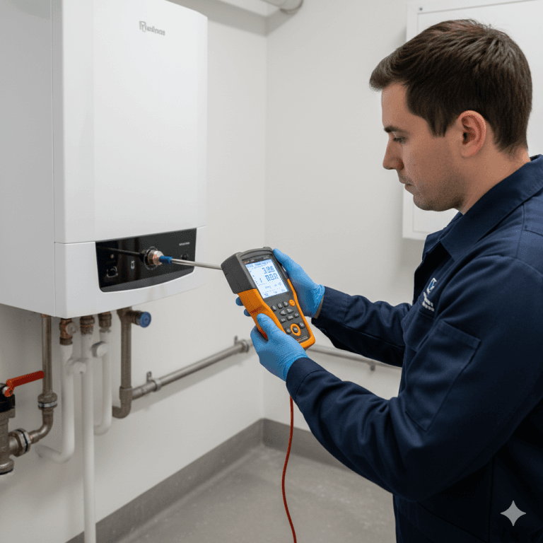 Certyfikowany serwisant wykonuje analizę spalin w kotle gazowym przy użyciu profesjonalnego analizatora cyfrowego.