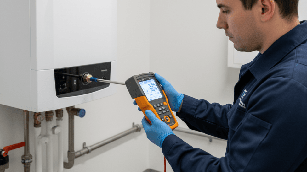 Certyfikowany serwisant wykonuje analizę spalin w kotle gazowym przy użyciu profesjonalnego analizatora cyfrowego.