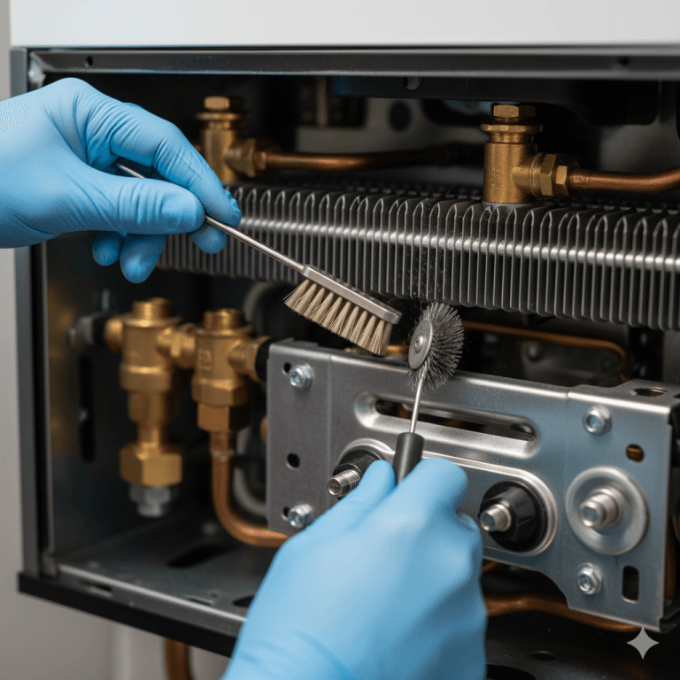 Zbliżenie na dłonie serwisanta w rękawicach, który czyści wymiennik ciepła wewnątrz otwartego kotła gazowego.