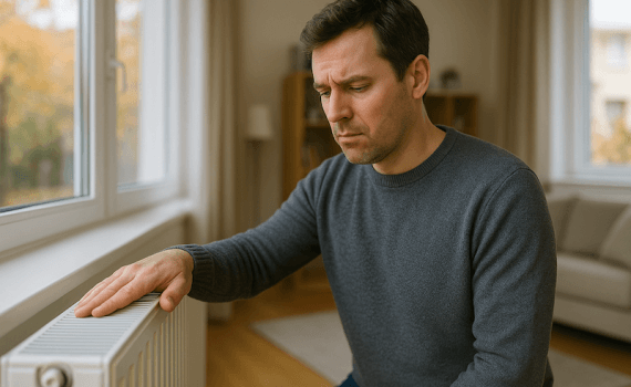 Zmartwiony mężczyzna dotyka zimnego grzejnika panelowego w swoim salonie, sprawdzając, dlaczego kaloryfer nie grzeje.