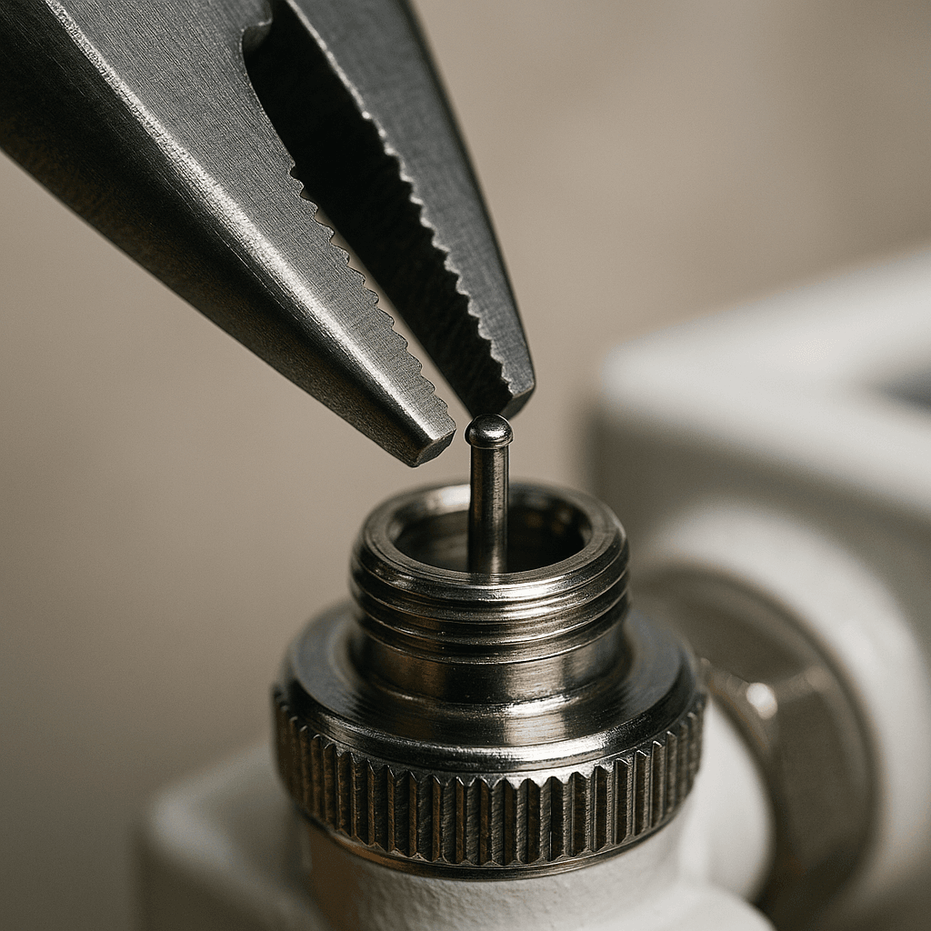 Makro: kombinerki chwytają iglicę zaworu termostatycznego