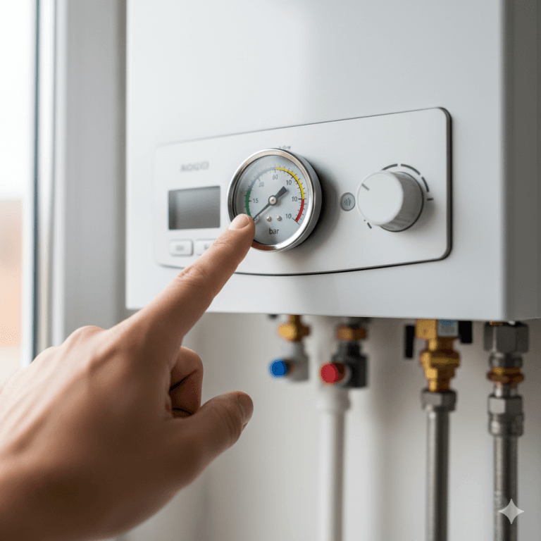 Dłoń wskazująca na manometr kotła gazowego, na którym widać prawidłowe ciśnienie w instalacji wynoszące 1.5 bara.