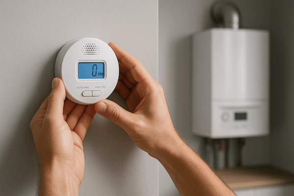 Osoba montująca na ścianie nowoczesny czujnik czadu z wyświetlaczem LCD, w tle widać kocioł gazowy.