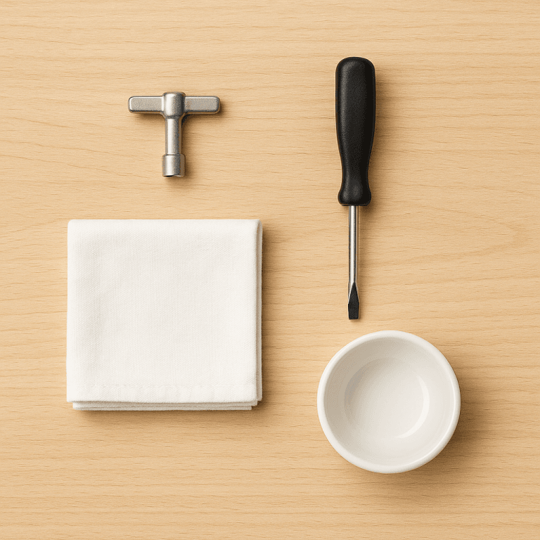 Narzędzia potrzebne do odpowietrzenia grzejnika ułożone na drewnianym stole: kluczyk, śrubokręt, szmatka i miska.