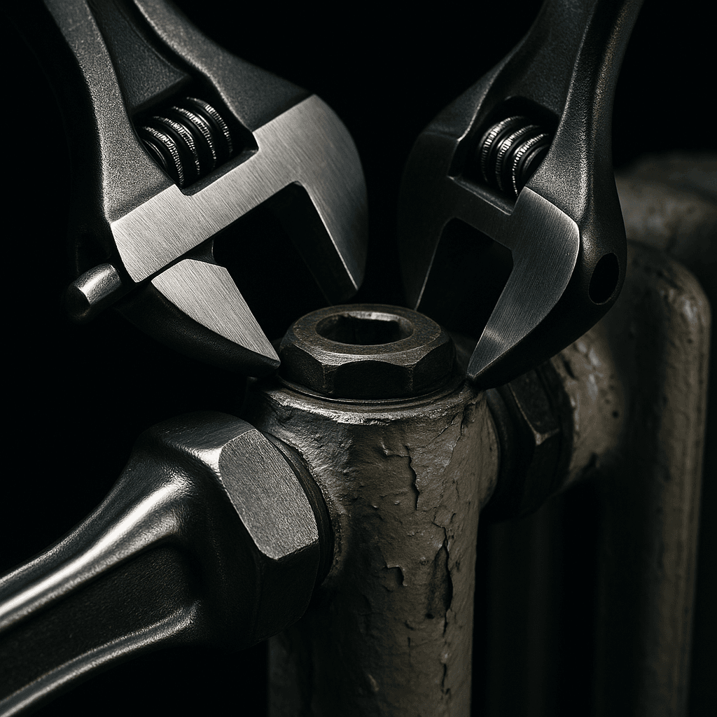 Dwa duże klucze nastawne założone na śrubunek starego grzejnika żeliwnego w celu jego odpowietrzenia.