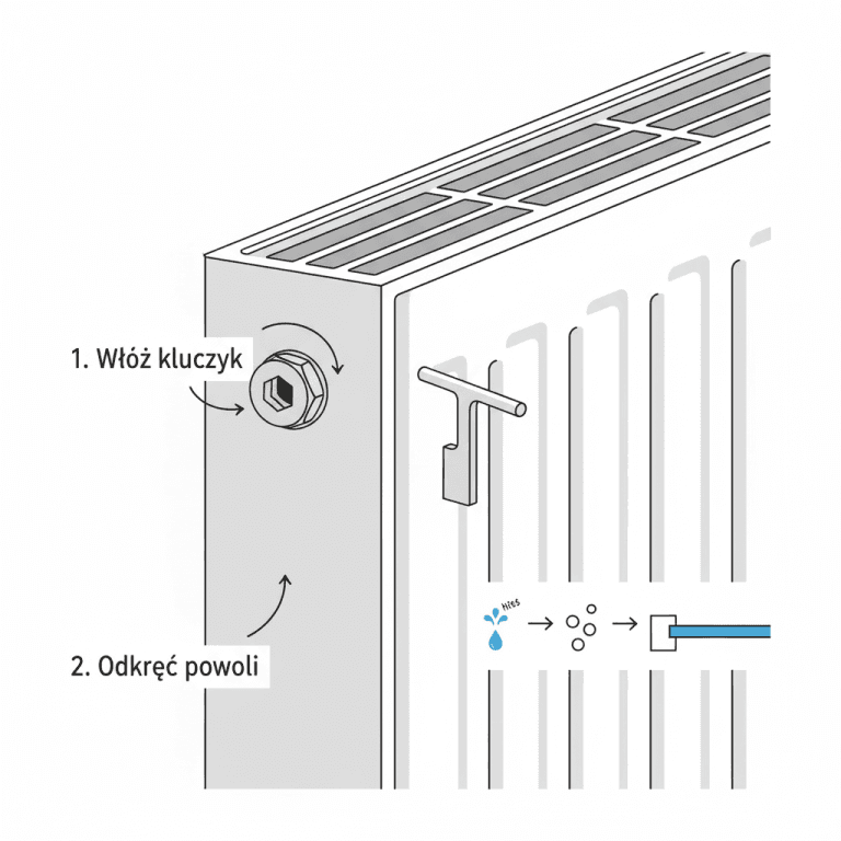 Schemat ilustrujący jak prawidłowo odpowietrzyć grzejnik przed zimą.