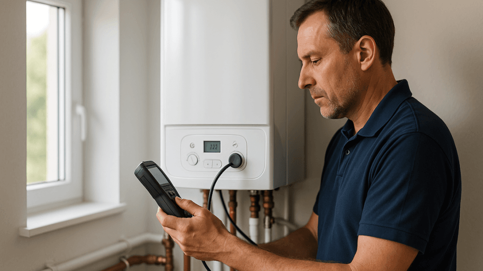 Profesjonalny serwisant wykonuje przegląd kotła gazowego w domu klienta, co obrazuje autoryzowany serwis ACV dostępny na terenie Szczecina i Gorzowa.