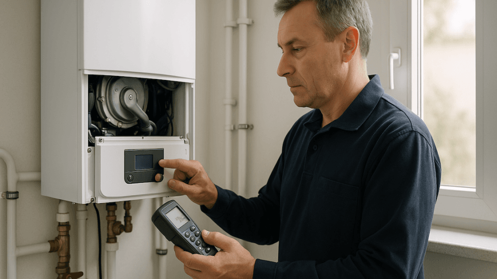 Profesjonalny serwisant wykonuje autoryzowany serwis Ferroli w nowoczesnej kotłowni w domu w Szczecinie, sprawdzając parametry urządzenia.