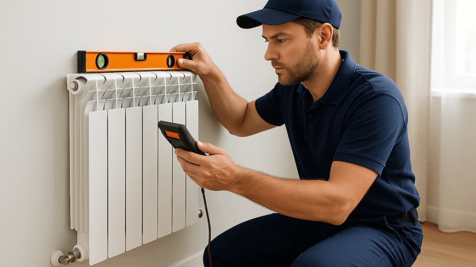 Profesjonalny instalator montuje na ścianie nowoczesne grzejniki Nova Florida w mieszkaniu w Szczecinie, zapewniając prawidłowe działanie całej instalacji grzewczej.