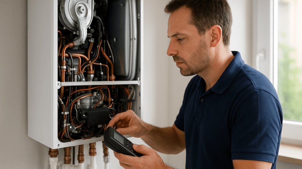 Profesjonalny serwisant wykonujący autoryzowany serwis Beretta w kotłowni domu jednorodzinnego w Szczecinie.