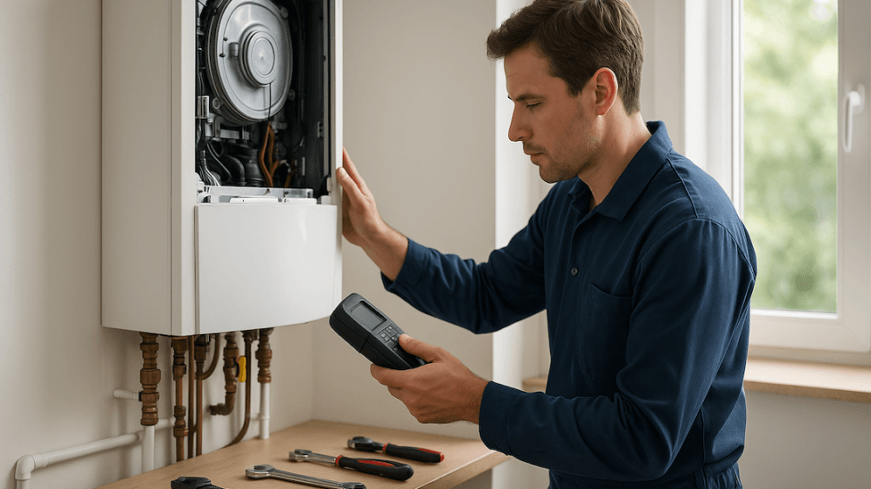 Profesjonalny serwisant wykonuje autoryzowany przegląd kotła Wolf w nowoczesnej kotłowni w domu w Szczecinie.