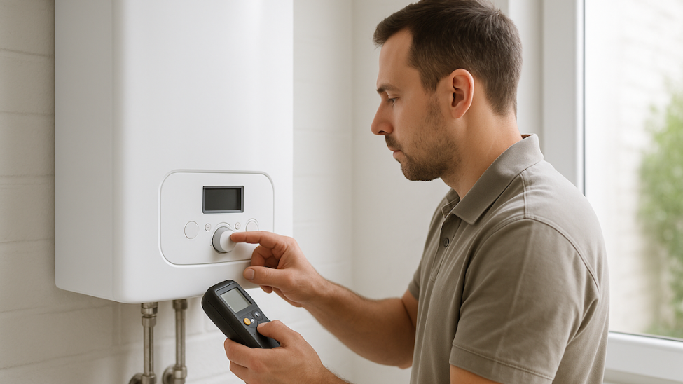 Profesjonalny serwisant wykonuje przegląd pieca elektrycznego Kospel w kotłowni nowoczesnego domu w Szczecinie, dbając o jego wydajność i bezpieczeństwo.