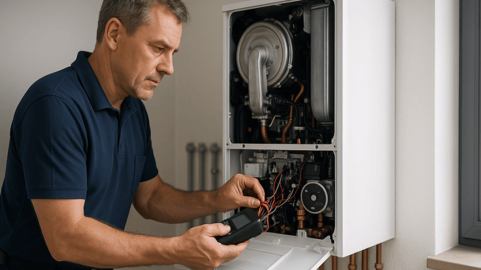 Profesjonalny Termet serwisant podczas corocznego przeglądu kotła gazowego w domu jednorodzinnym w Szczecinie.