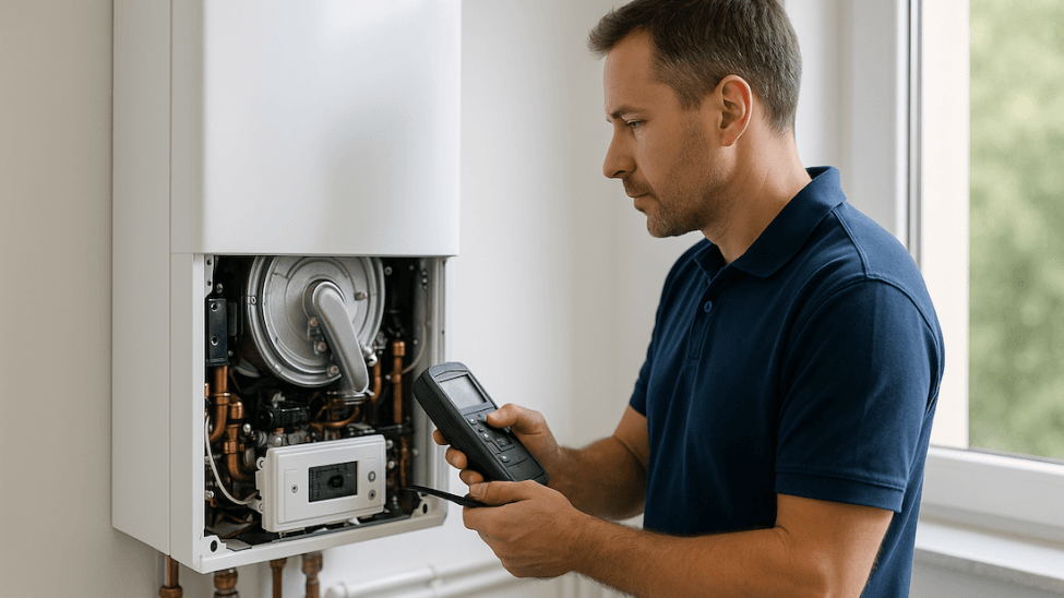 Profesjonalny serwisant wykonuje autoryzowany przegląd kotła gazowego Thermagen w nowoczesnym domu w Szczecinie, dbając o jego wydajność i bezpieczeństwo.